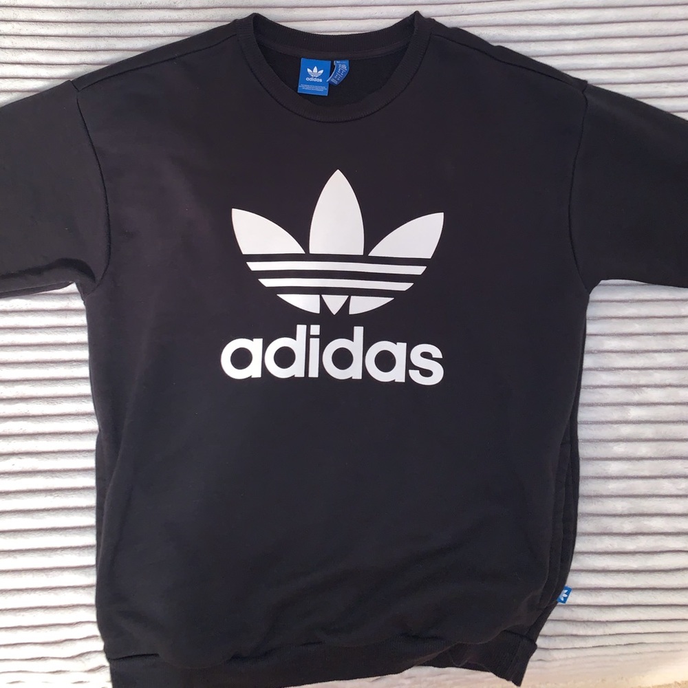 Adidas black crew neck sweatshirt with trefoil design on front